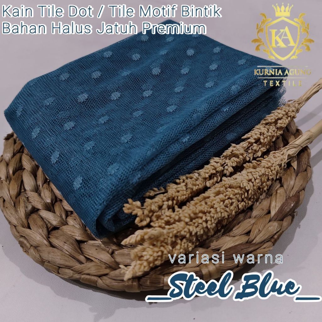 Kain Tile Dot / Tali Motif Bintik Kaban Halus Jatuh Premium Steel Blue Murah Harga Grosir