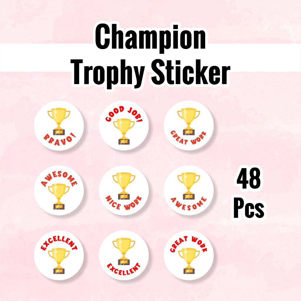 

48 Pcs Trophy Reward Sticker Anak – Stiker Hadiah Penghargaan Murid Bentuk Piala Champion