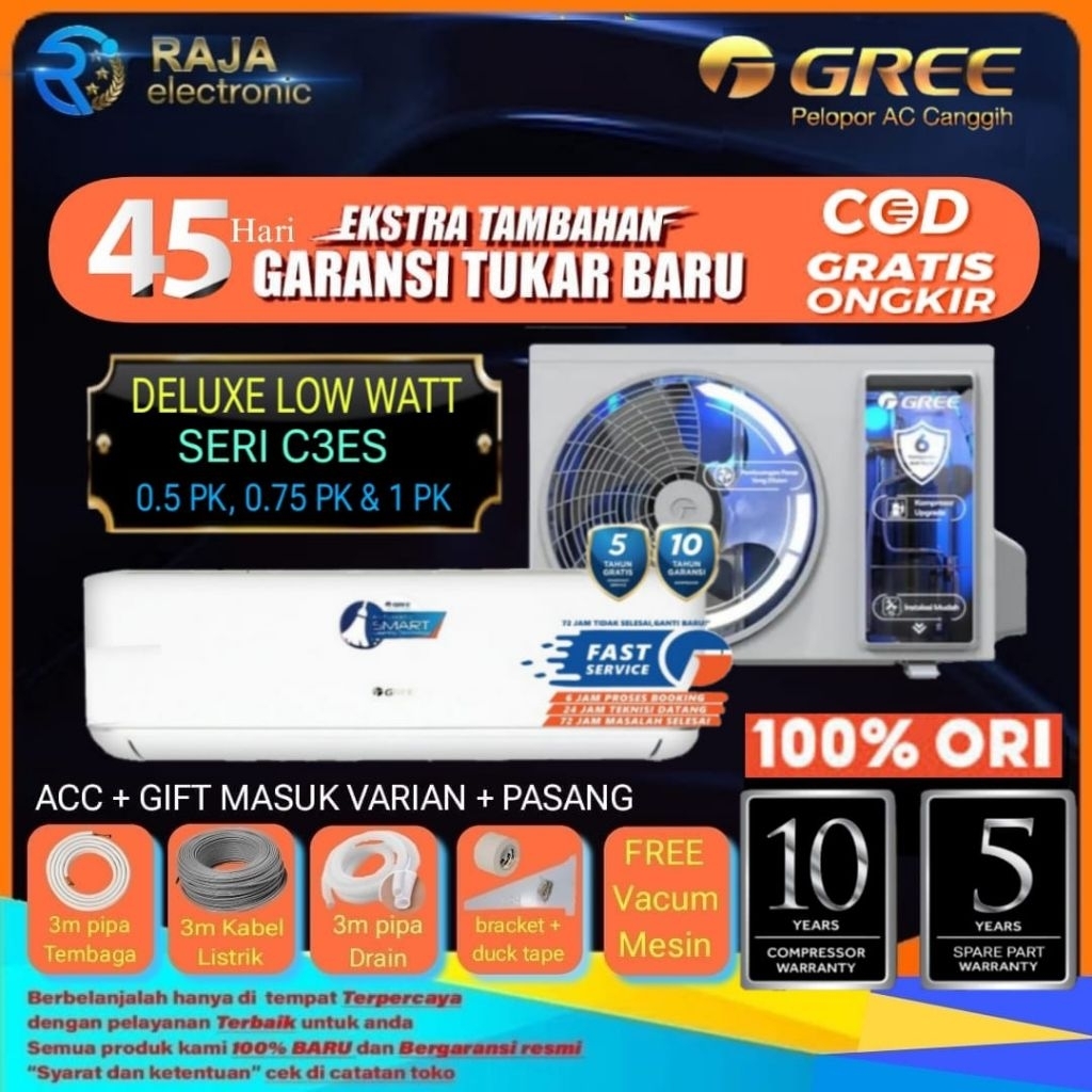 AC GREE 1/2 PK, 3/4 PK , 1 PK SERI C3ES DELUXE LOW WATT GOLDEN FIN + BLUE FIN  BISA TUKAR TAMBAH DAN