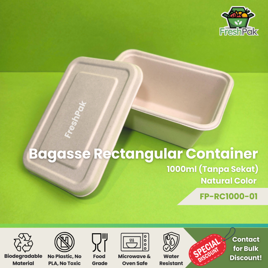 FreshPak Bagasse Rectangular Container 1000 ml Sugarcane Eco Friendly Food Grade Lunch Box Packaging
