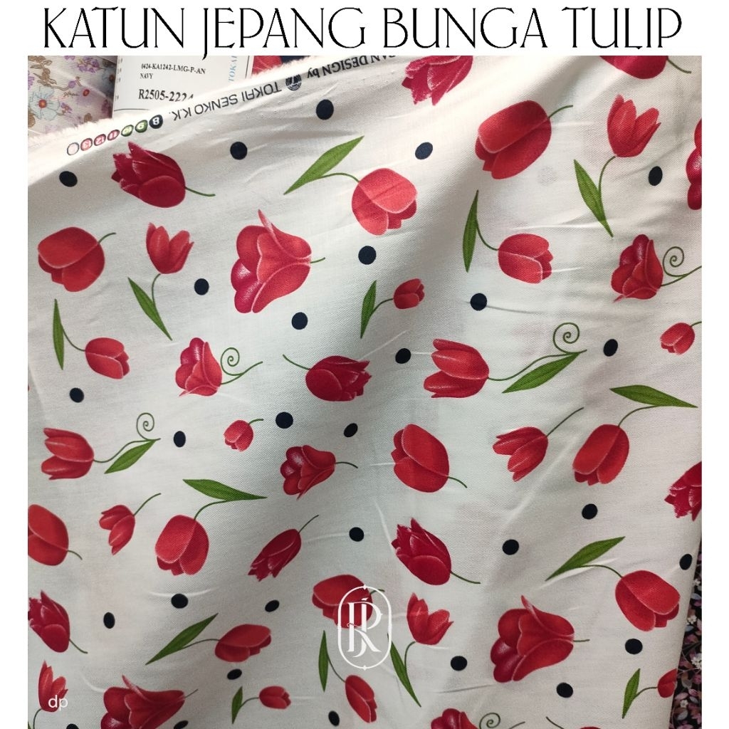 27 RAJATEX ORIGINAL kain katun jepang motif bunga tulip besar navy dan putih - bahan katun jepang To