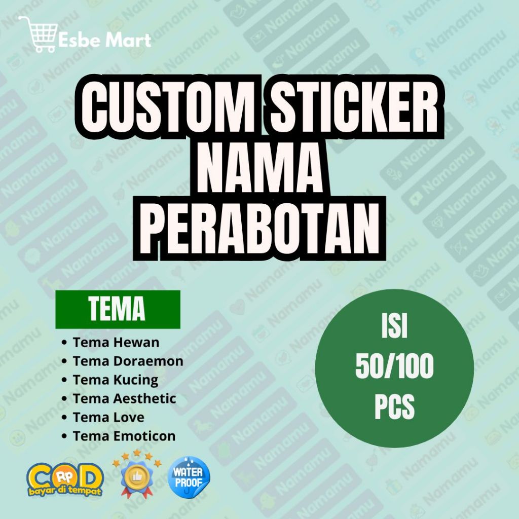 

50 Pcs/100 Pcs Sticker Karakter Nama Sticker Tema Custom Timbul (Piring, Sendok, Garpu) | Premium & Tidak Mudah Lepas
