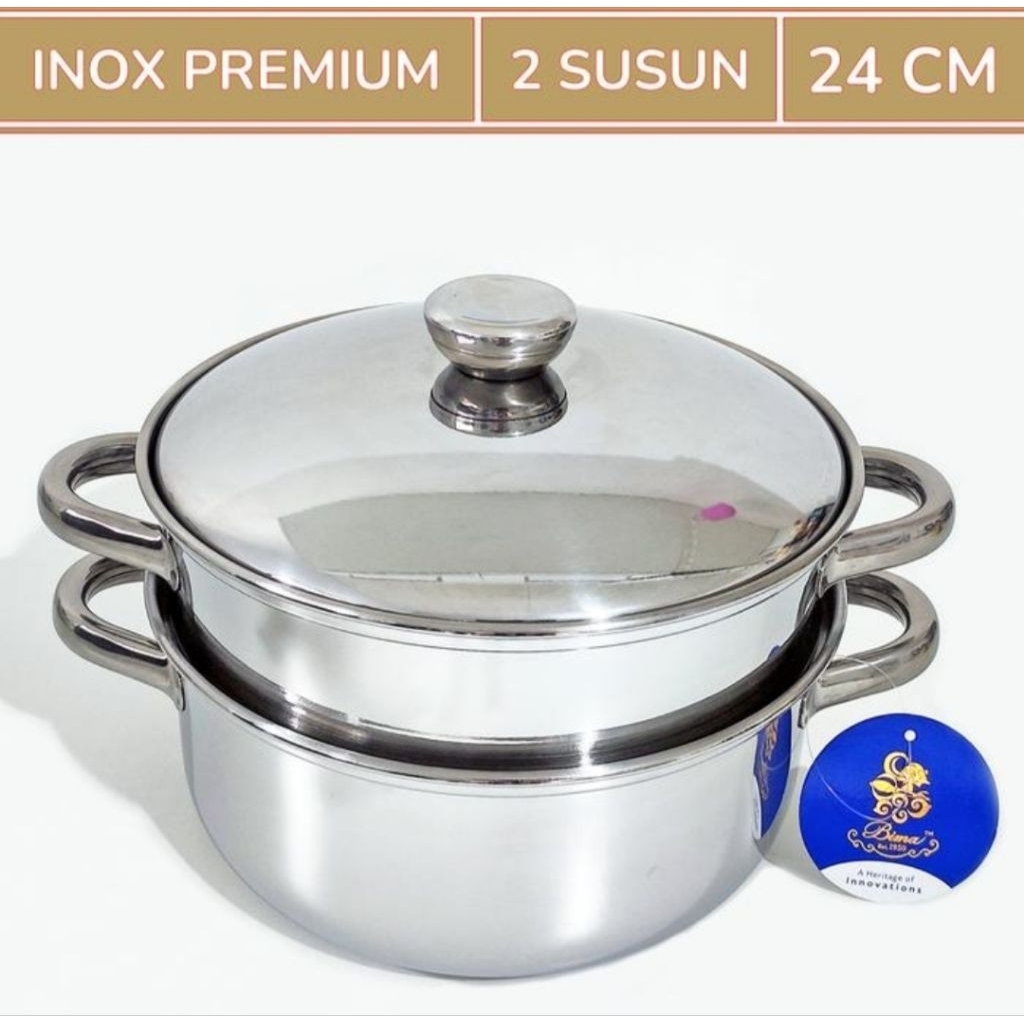 BIMA : 24 PANCI LANGSENG KUKUSAN STEAMER SET SUSUN 2 BIMA PRIMA 24 CM INOX PREMIUM BISA KOMPOR INDUK