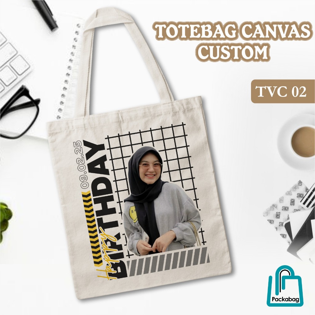 Totebag Canvas Custom Sablon Foto & Nama | Goodie Bag Souvenir Ultah & Wisuda | Ukuran 25x30