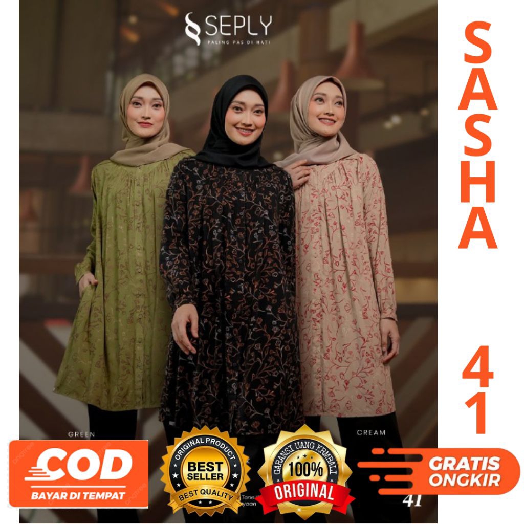 TERBARU BUSANA MUSLIM TUNIK SASHA 41 BLACK,GREEN DAN CREAM By SEPLY ORIGlNALL