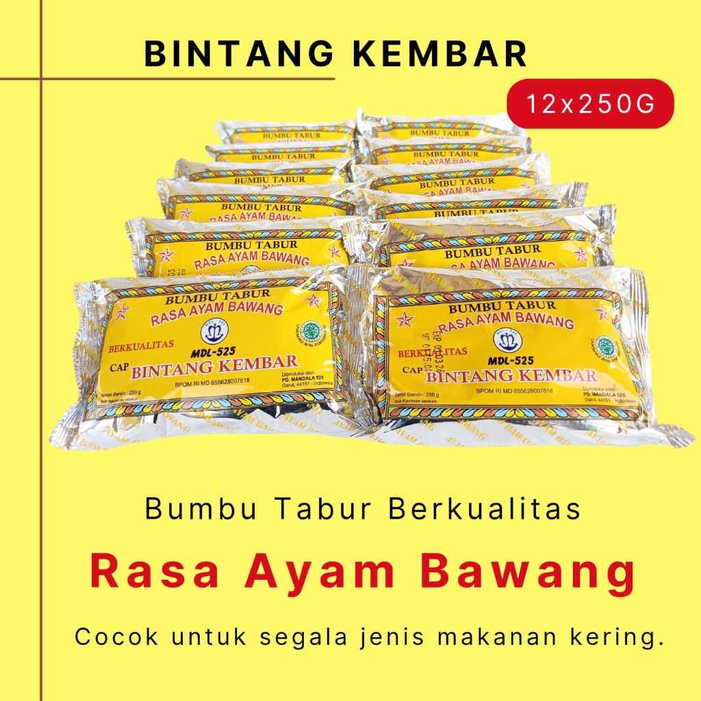 

Bumbu Tabur Rasa Ayam Bawang merk Bintang Kembar mdl 525 1 Bal ( 12 sachet x 250gr )