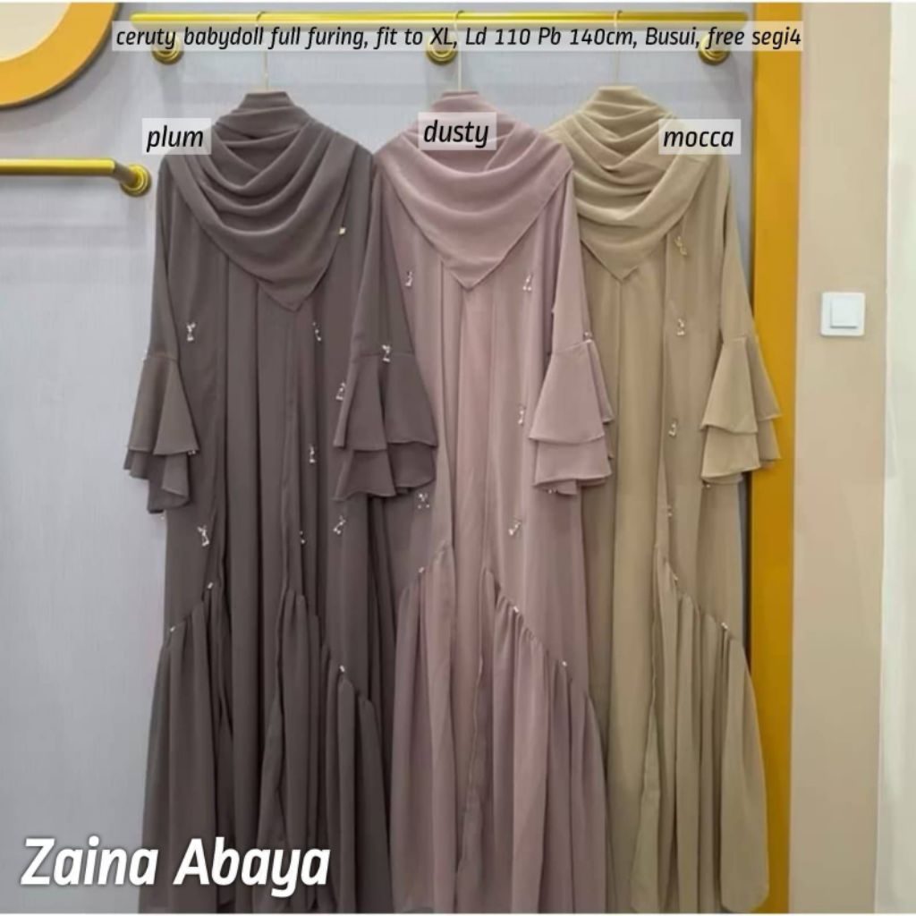 Baju Gamis Wanita Muslim Zaina Abaya Ceruty Babydoll Polos Payet Cantik Set Hijab Jilbab Fashion Per