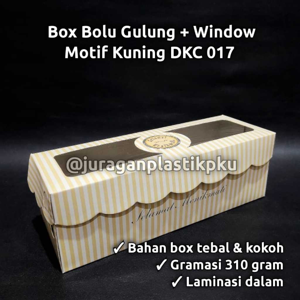 Box Bolu Gulung Motif DKC 018 + Window 25x9x8,5 cm | Kotak Kemasan Bogul Kue Strudel 25x9 Laminasi J