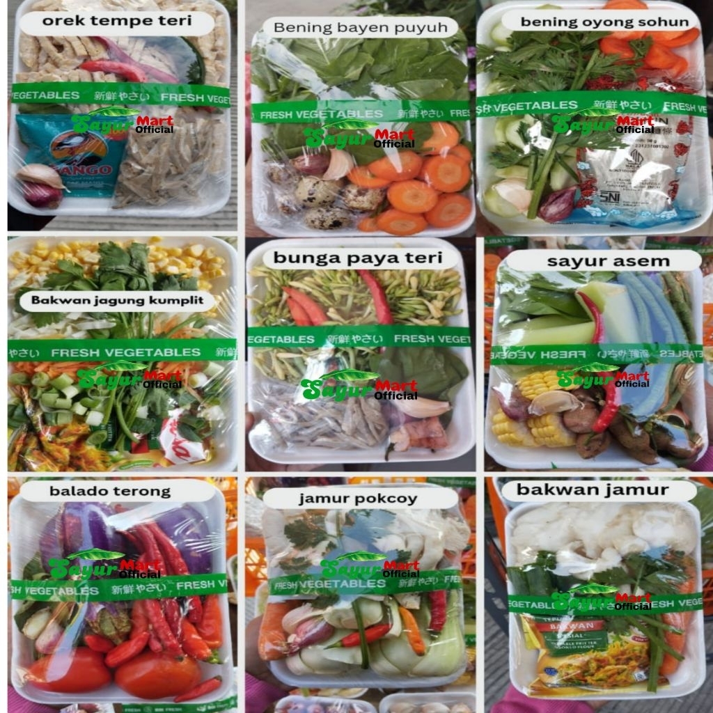 

Sayur Pack Orek Tempe Teri/Bening Bayam Puyuh/Bening Oyong Sohun/Bakwan Jagung Komplit/Bunga Pepaya Teri/Sayur Asem/Balado Terong/Janur Pokcoy/Bakwan Jamur