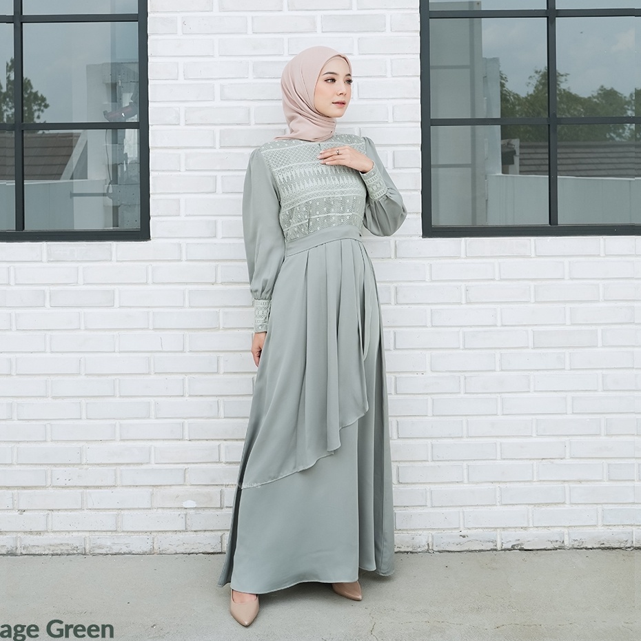 Miliki HAYNA Alleia Dress Sage Green  Dress Kondangan Busui Friendly Gamis Wanita Muslim