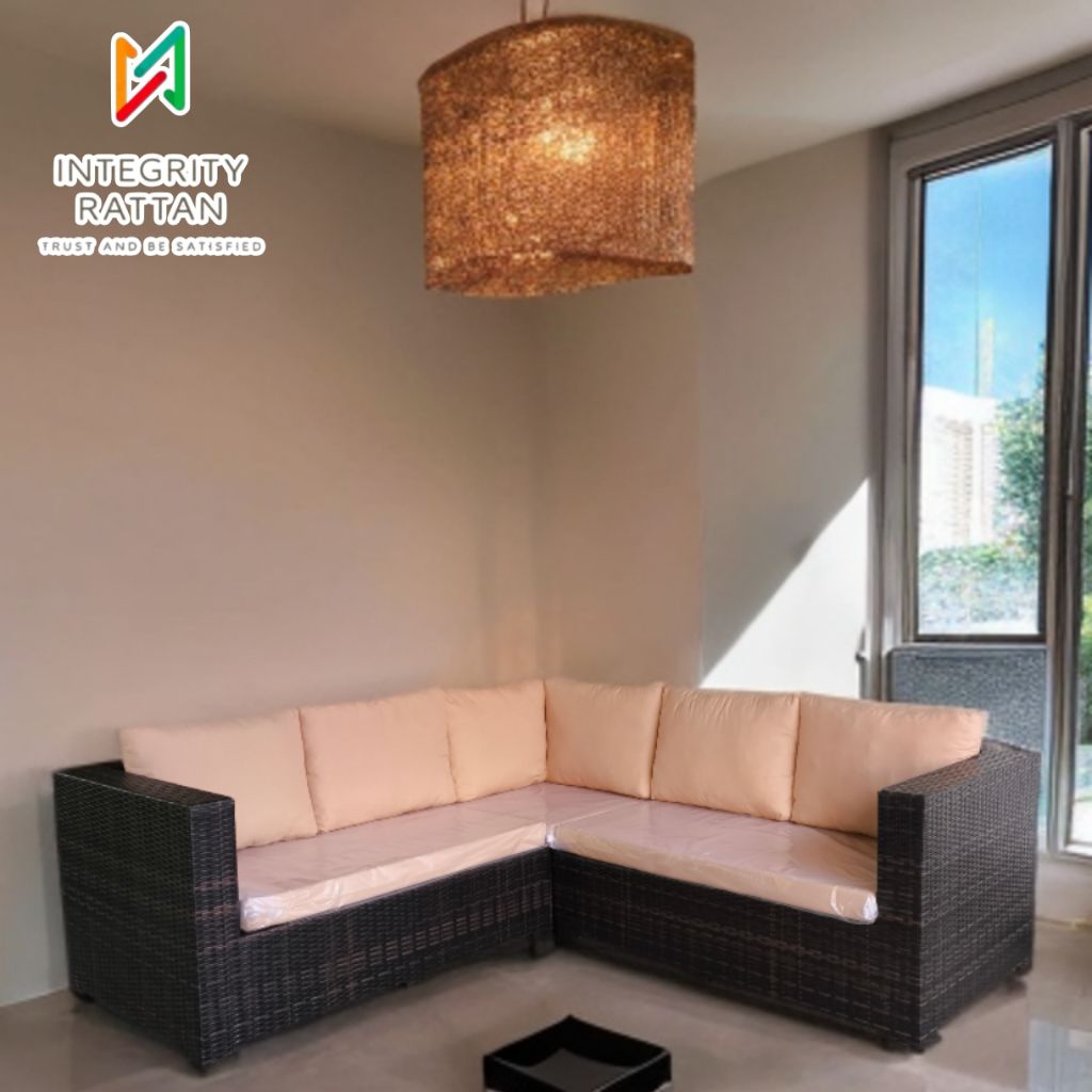 Sofa Sudut L 221 Rotan Sintetis Murah Minimalis - Rangka Kayu Mahoni - Furniture