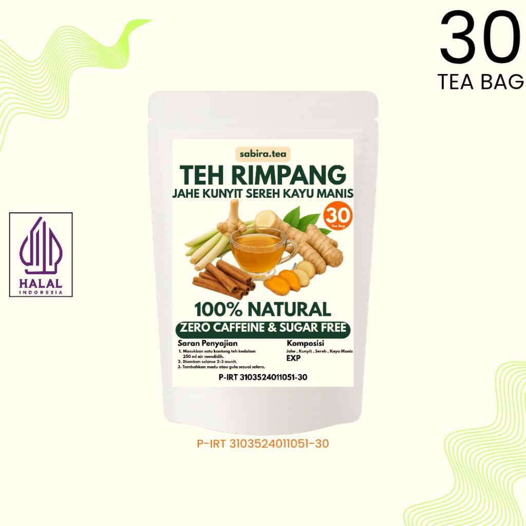 

RIMPANG , JAHE , KUNYIT , SEREH , KAYU MANIS , 30 TEA BAG , SABIRA.TEA