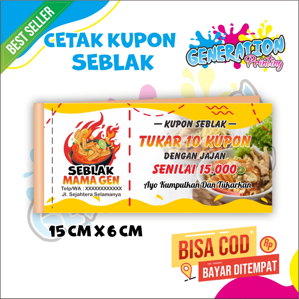 

KUPON SEBLAK BISA CUSTOM TULISAN DAN NAMA USAHA SENDIRI 100 LEMBAR UK 1/6 GENERATION PRINTING
