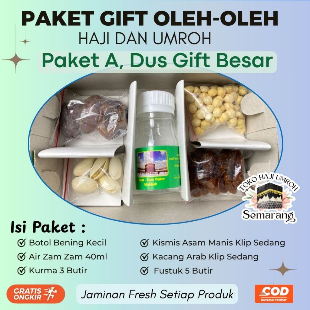 

Paket Gift Oleh-oleh Haji Umroh Dus Besar 5 Ruang Ekonomis Lengkap Makanan Khas Arab Timur Tengah