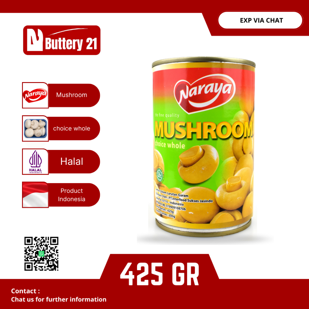 

NARAYA MUSHROOM CHOICE WHOLE 425 GR/NARAYA JAMUR DALAM LARUTAN GARM/JAMUR KALENG