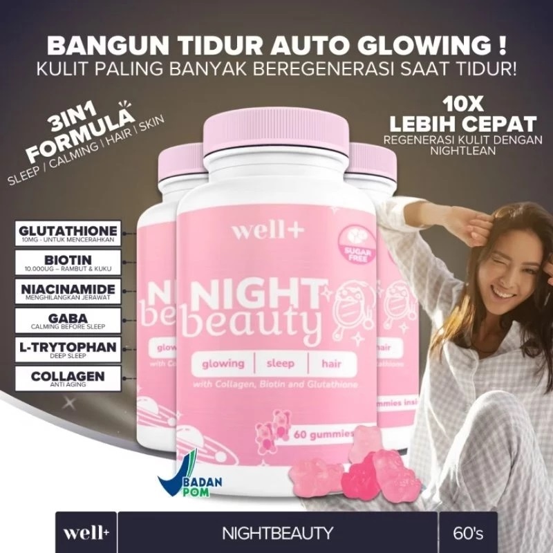 Suplemen Gummy Kecantikan Malam Hari untuk Tidur Nyenyak dan Kulit Glowing 60 Gummies