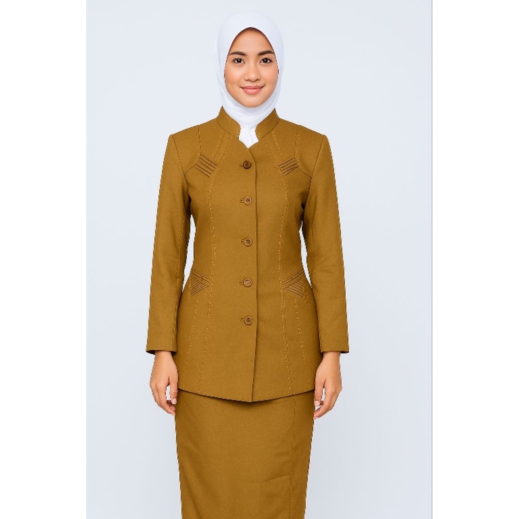 Baju Seragam Pemda Pns Wanita Kerah Sanghai/Stelan Blazer Khaki Tua Dan Muda Set Rok dan Celana