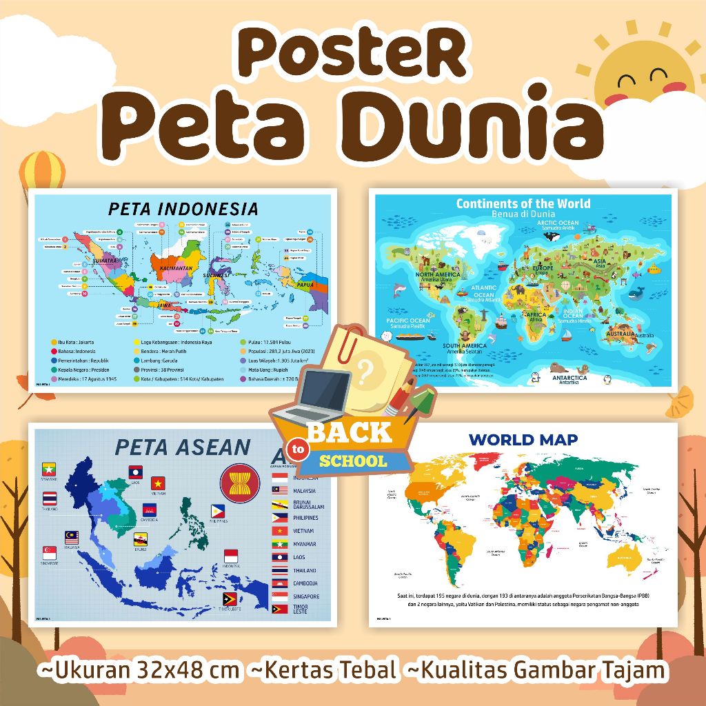 Poster Edukasi PETA- Poster edukasi anak Peta Dunia, Asean, dan Indonesia