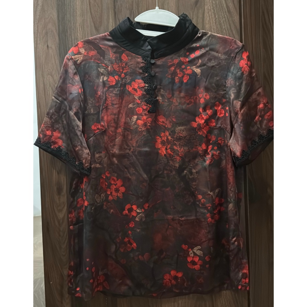 PRELOVED CHEONGSAM HITAM BUNGA MERAH / BAJU CINA WANITA BLACK FLOWER RED