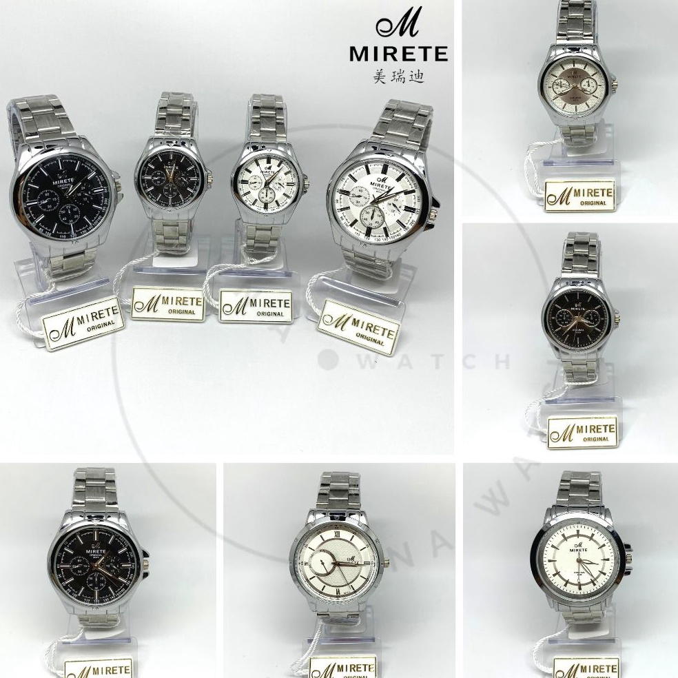 KODE D28B Jam Tangan MIRETE MRTRT5 Rantai Silver Stanless Steel Couple Cewek Cowok Plat Hitam Putih 