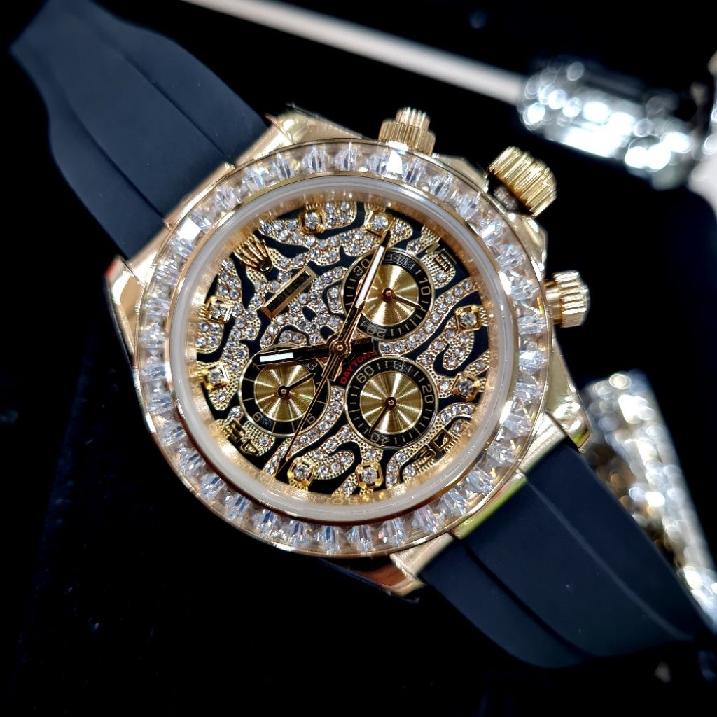 BARU JAM TANGAN BARU PRIA RLX DAYTON RLX DYTN RUBBER LEOOARD DIAMIOND AUTOMATIC