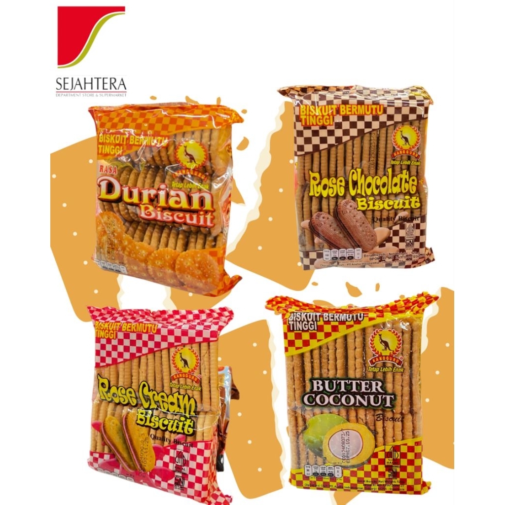 

KANGGURU biskuit bermutu Tinggi ( Durian,Rose cokelat,butter coconut,rose cream) 40Gr