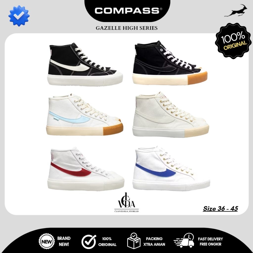 SEPATU COMPASS GAZELLE HIGH ICE CREAM / BLACKGUM / BLACKWHITE / WHITE BLUE / WHITE RED / CREAM 36-45