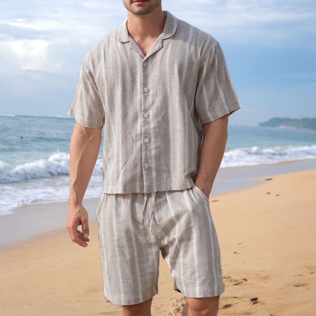 REMEDY Setelan Linen Oversize Pria Kemeja Celana Cocok untuk Liburan Santai Casual Motif Salur Cream