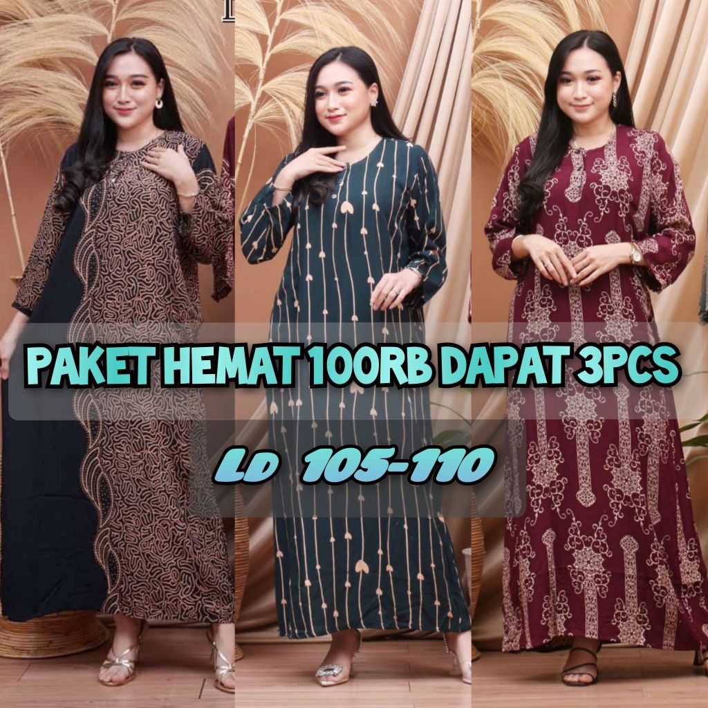 Paket 100Ribu Dapat 3Pcs Gamis Wanita Terbaru Longdress Bahan Rayon Tebal Motif Kekinian