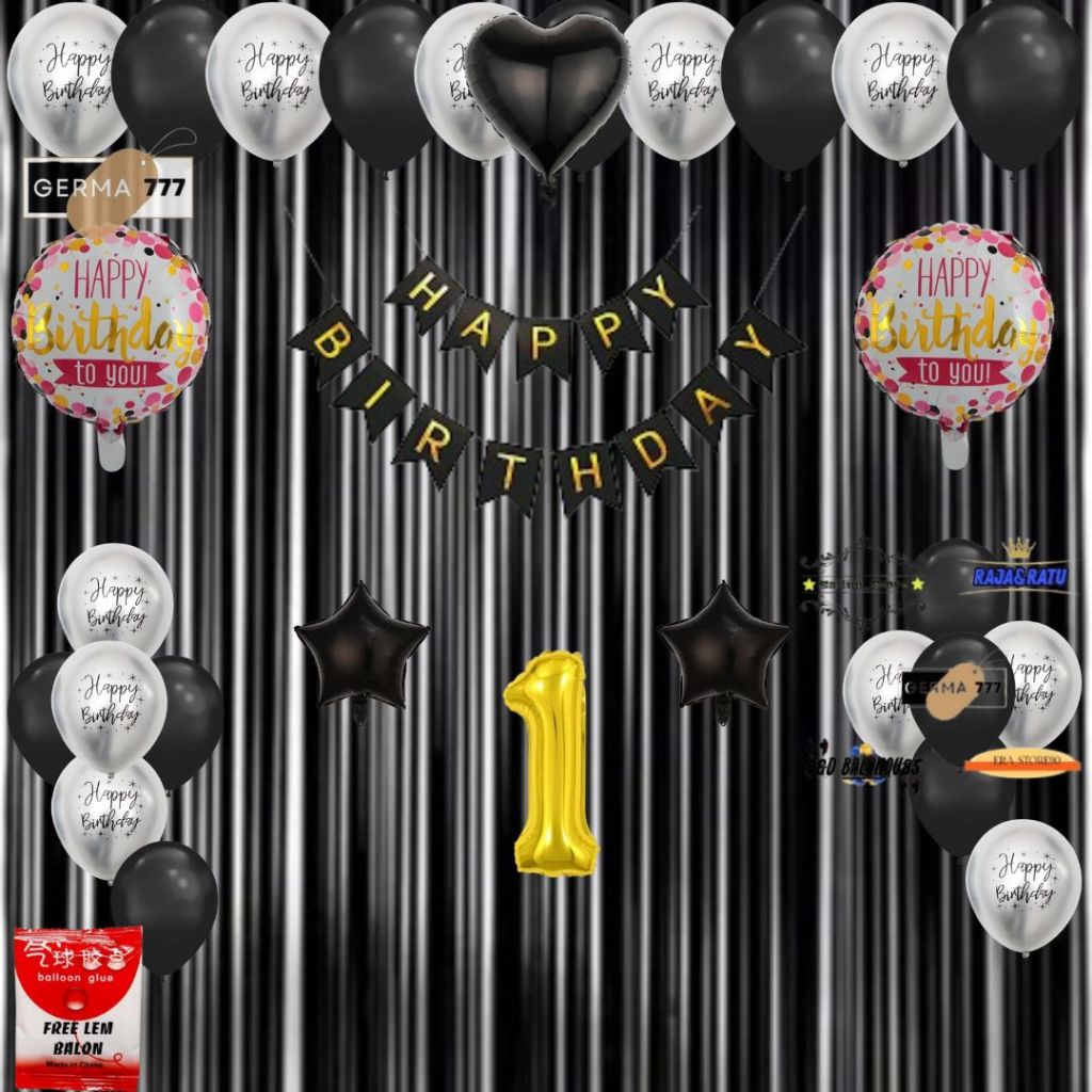 Paket Set Dekorasi Ulang Tahun Balon Metalik Hitam Backdrop Happy Birthday Party Anak & Dewasa