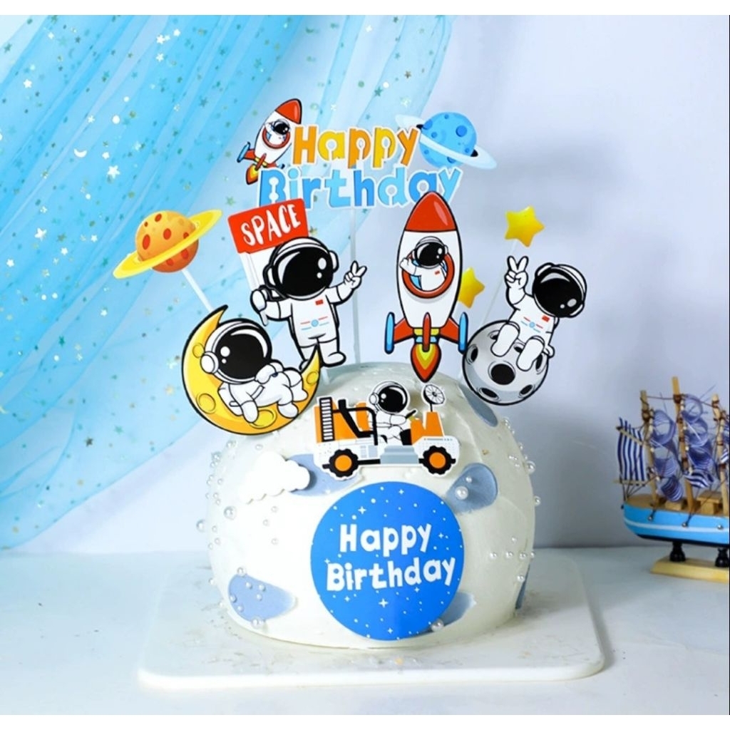 Cake topper Astronot Luar Angkasa/Topper Tusukan Kue Astronot HBD