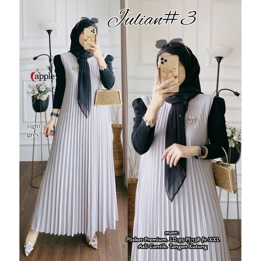 JULIAN Plisket Premium by Apple tangan kutung long dress tanpa lengan polos