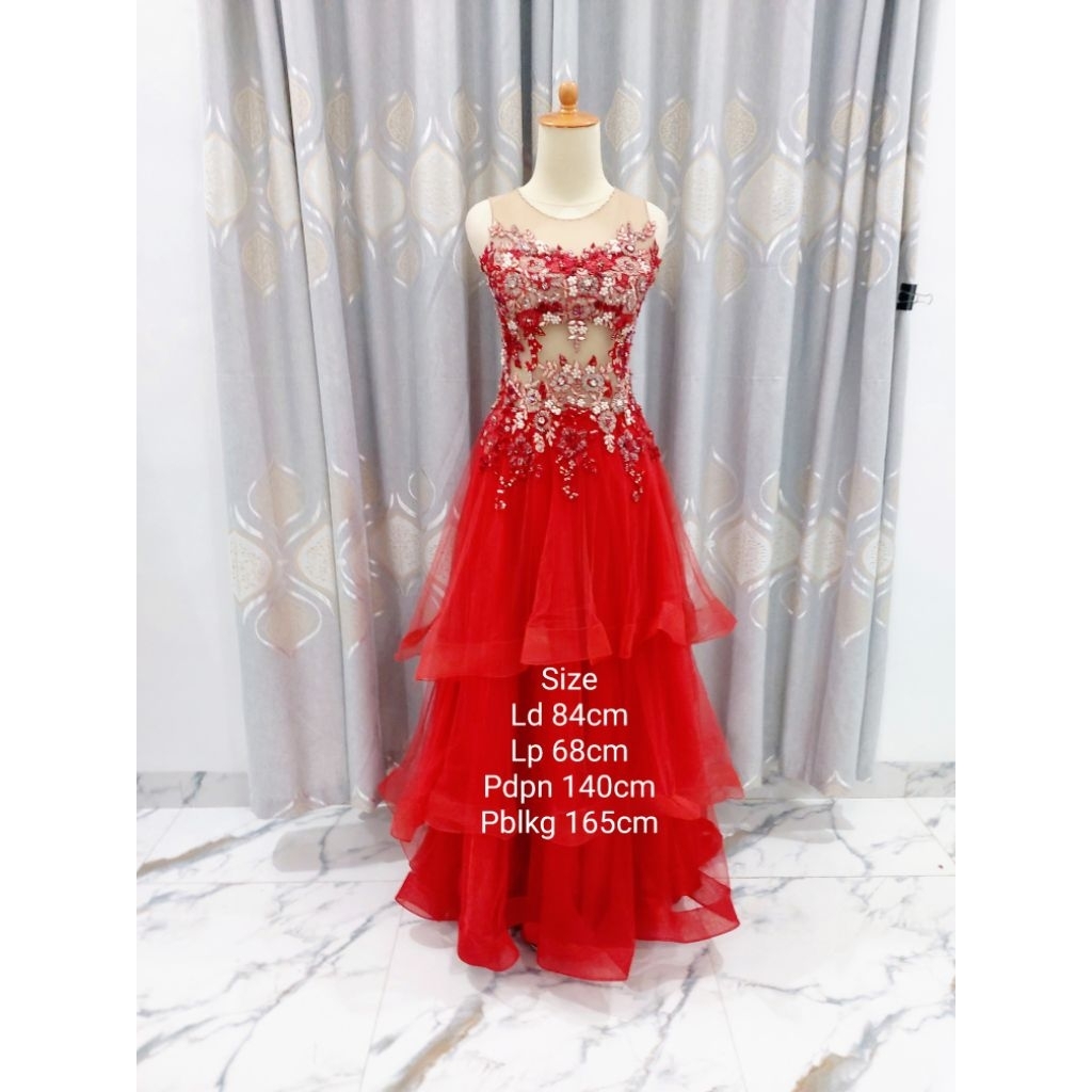 Gaun Pesta Merah Bunga Gold Umpak