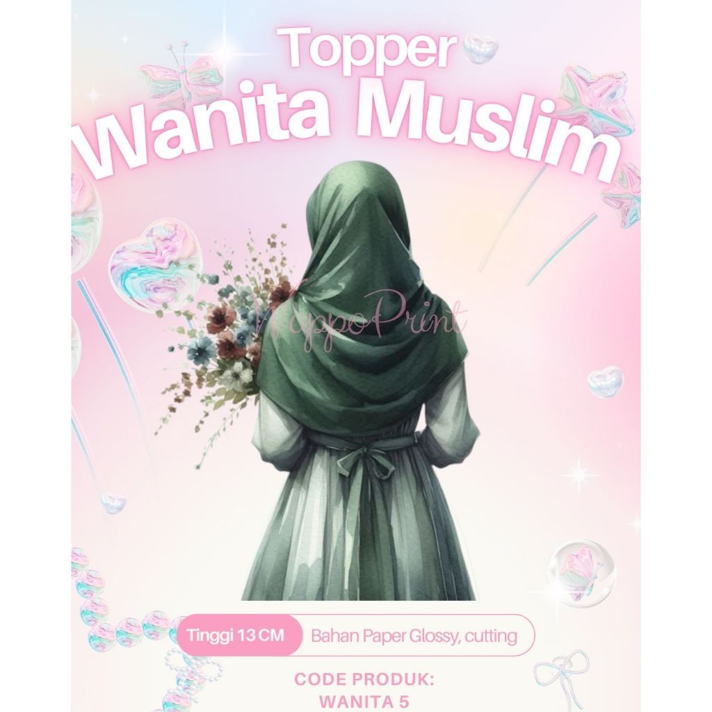 Topper Wanita Muslim Tinggi 13 CM Bahan Paper Glossy / Hiasan Kado Hari Guru / Topper Buket Hijab / 