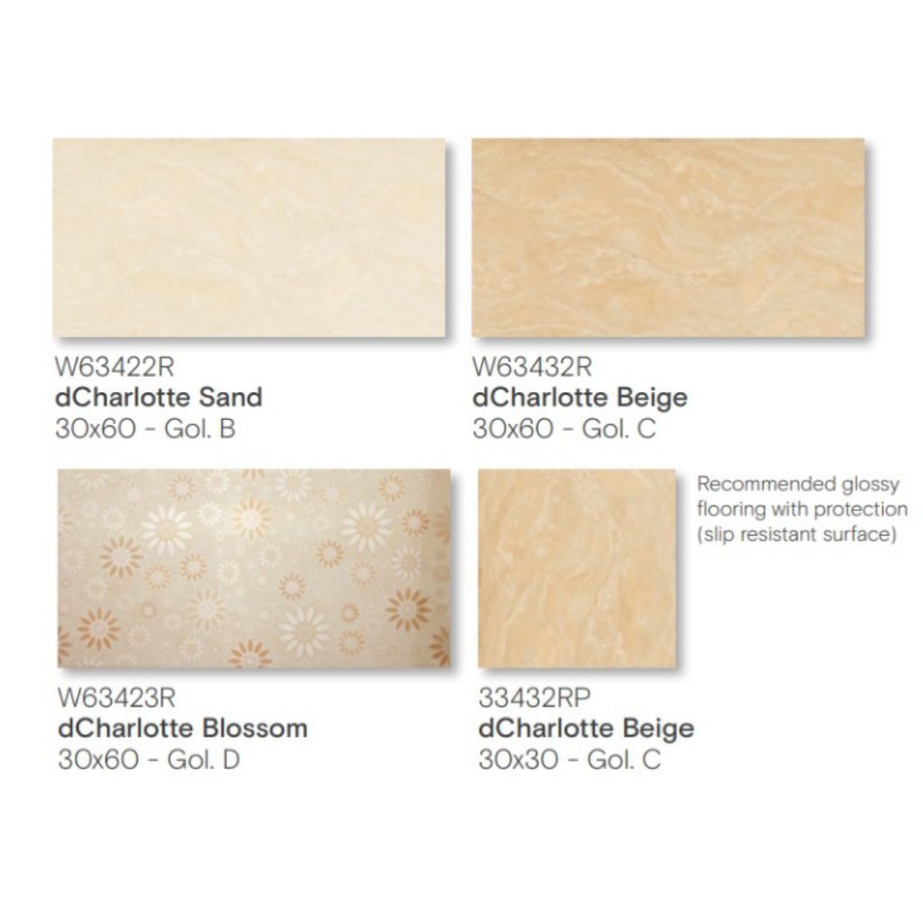KERAMIK MERK ROMAN TIPE dCHARLOTTE SAND, BEIGE, BLOSSOM UKURAN 30X60 RECTIFIED CUTTING UNTUK LANTAI 