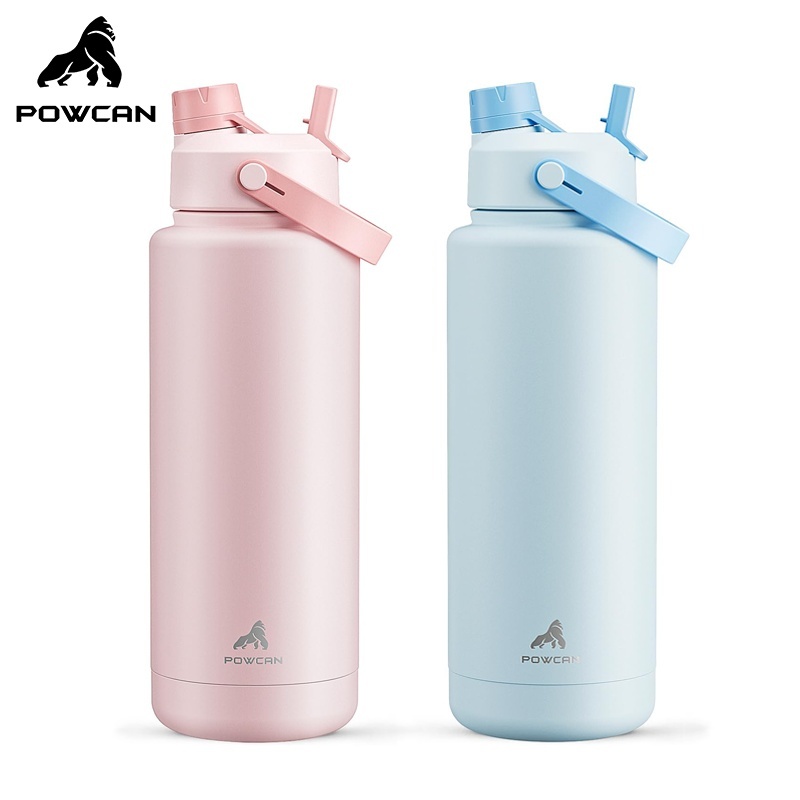 Botol air tumbler terisolasi POWCAN 40oz (1180ml) dengan sedotan dan tutup 2-in-1, gelas air stainle