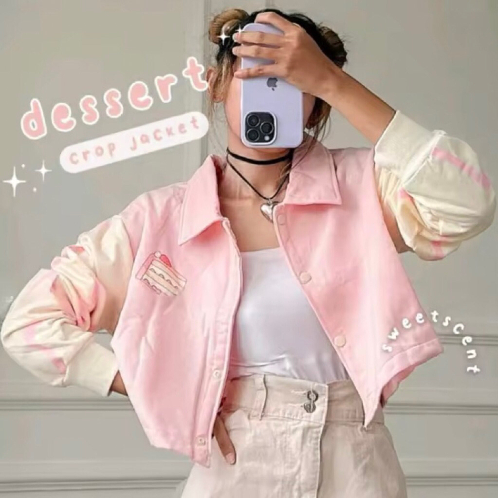 Jaket Crop Wanita Korea Pastel | Denim Crop Jacket Cewek Oversize Lucu Kekinian | Outer Casual Cute