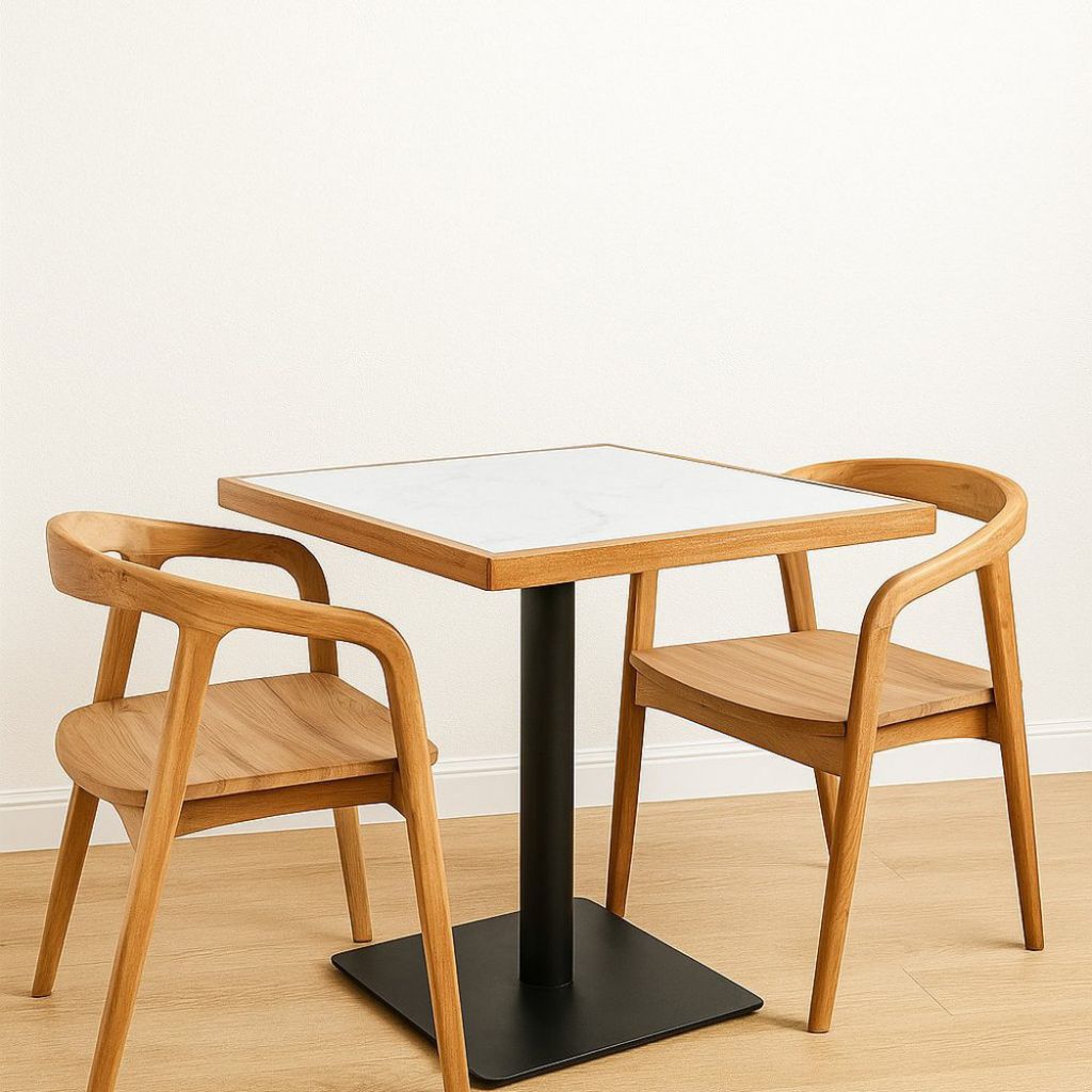 Meja Cafe Minimalis Kayu Jati Kaki Besi – Desain Elegan & Kuat untuk Interior Cafe Modern