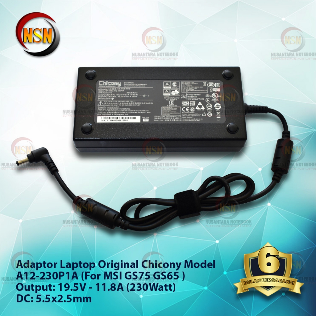 ADAPTOR CHICONY 230W FOR MSI GS75 GS65 19.5V - 11.8A DC 5.5 X 2.5mm