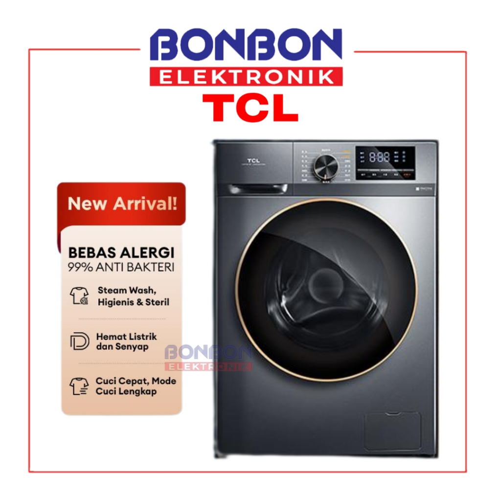 TCL Mesin Cuci Front Loading 8 KG TWF85-P11DG / TWF85P11DG Inverter - EBS Steam Wash - Quick Wash 15