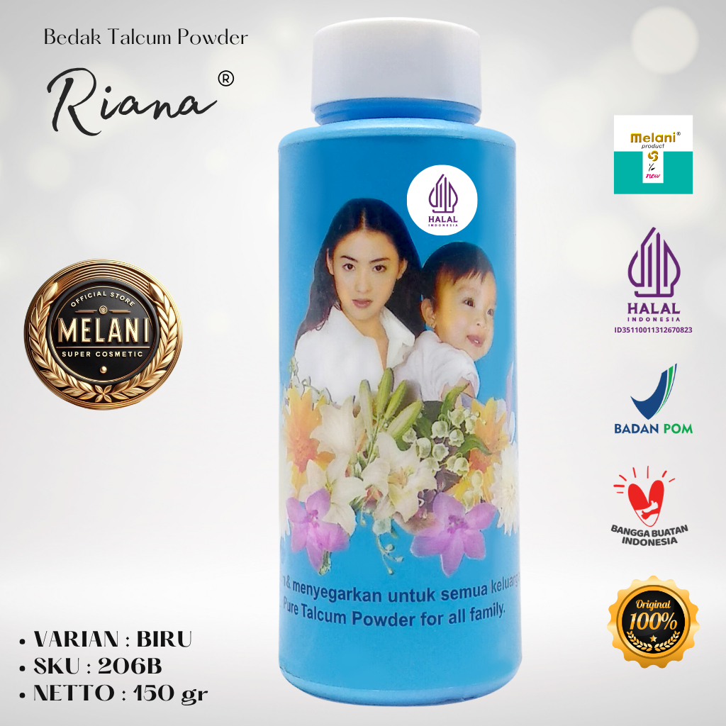 206B Bedak Riana by Melani Botol Plastik Biru 150 gram - BPOM dan HALAL Terdaftar