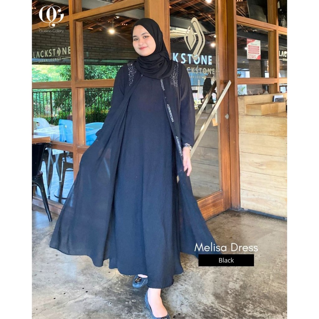 Gamis Abaya Mewah Permata Hitam Putih Dress Ceruty Babydoll Premium Melisa Dress