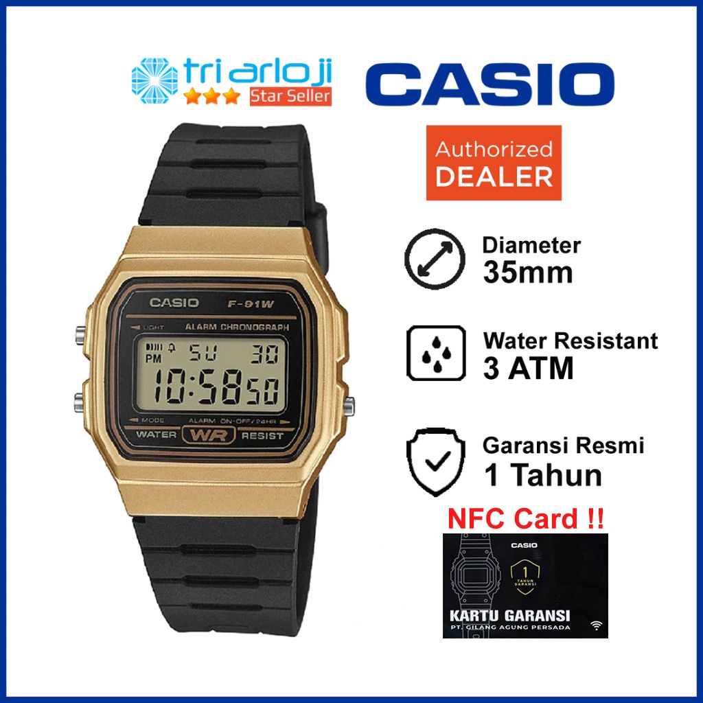 CASIO F-91WM-9ADF Jam Tangan Unisex Digital Rubber Hitam Gold F-91WM-9A F91WM F91W