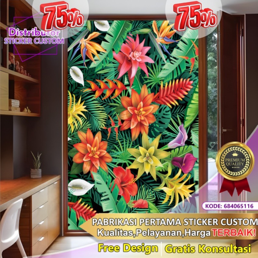 Sticker Custom 3D Tema Tropical | Stiker Kaca Kantor | Stiker Kaca | Sticker Kaca Pintu | Sticker Ge