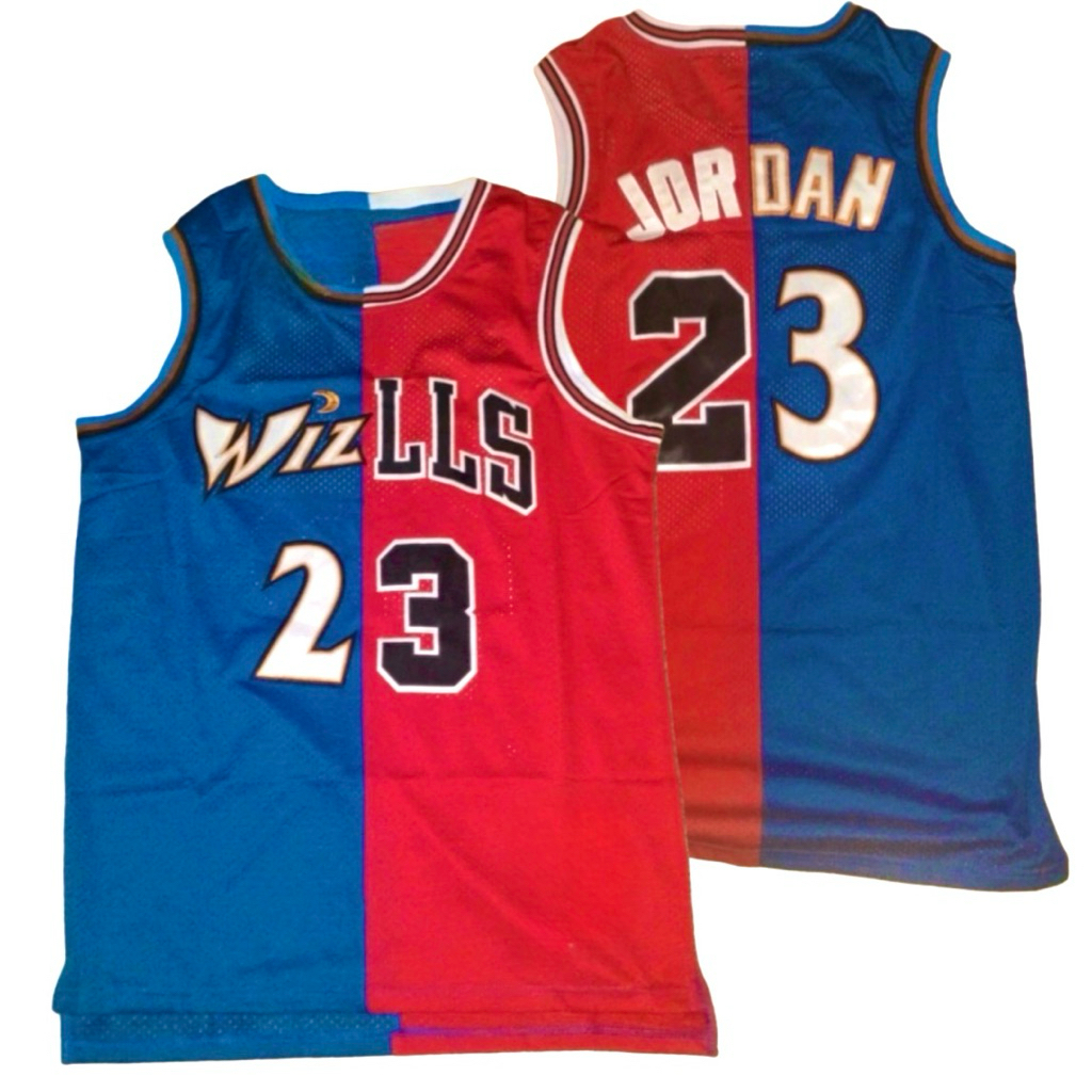 BORDIR IMPORT JERSEY BAJU BASKET SPLIT WASHINGTON WIZARDS X BULLS #23 MICHAEL JORDAN BIRU MERAH