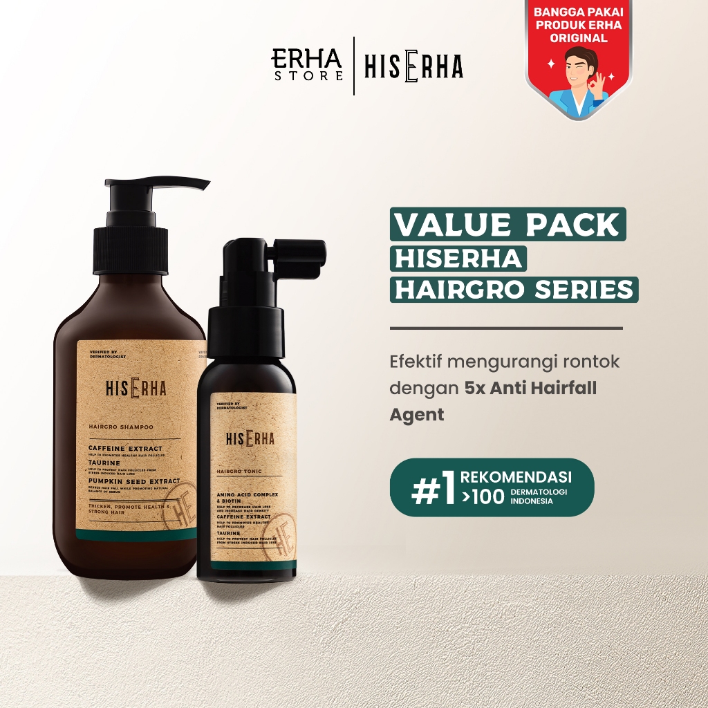 HIS ERHA Bundle Hairgro Series Shampoo 270ml + Tonic 60ml - Kombinasi Perawatan Rambut Rontok, Cegah