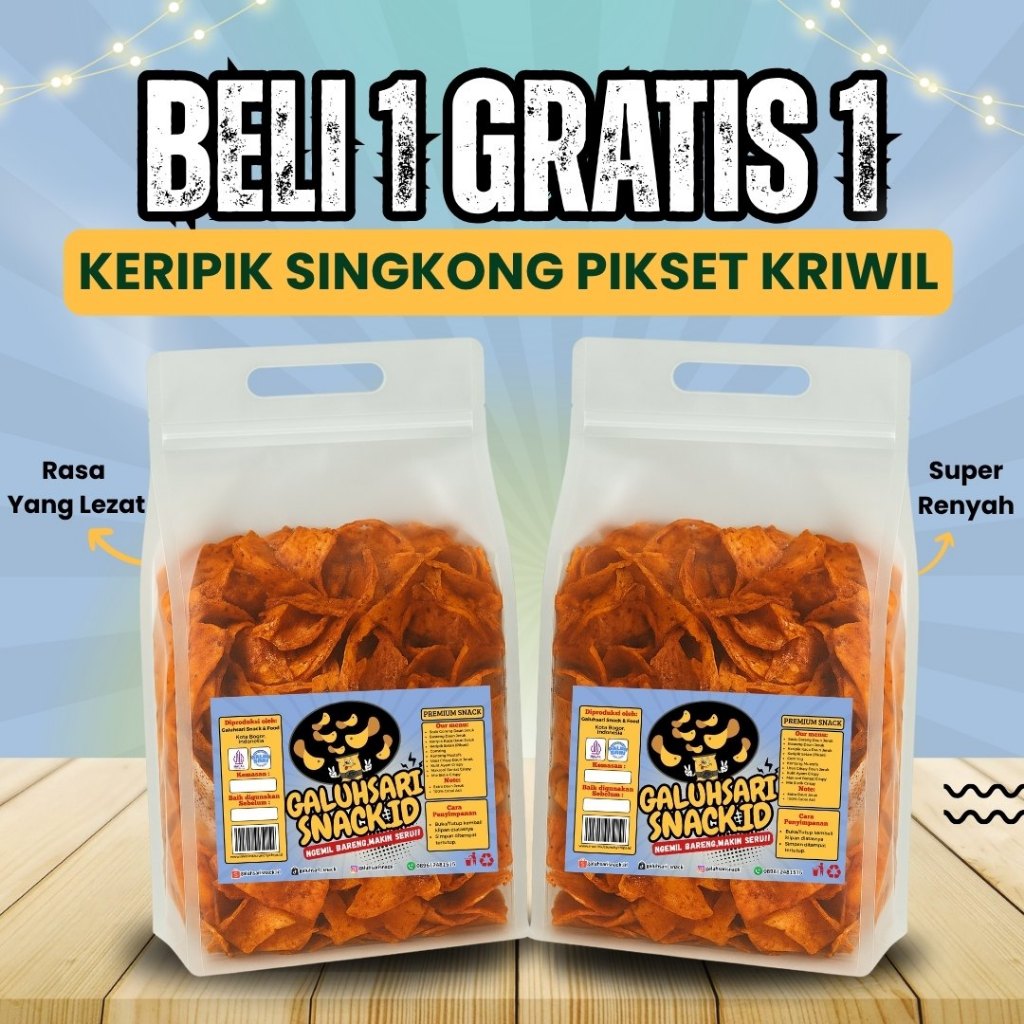 

BELI 1 GRATIS 1 - KERIPIK SINGKONG PIKSET KRIWIL BUMBU CIKRUH RASA PEDAS GURIH DAUN JERUK