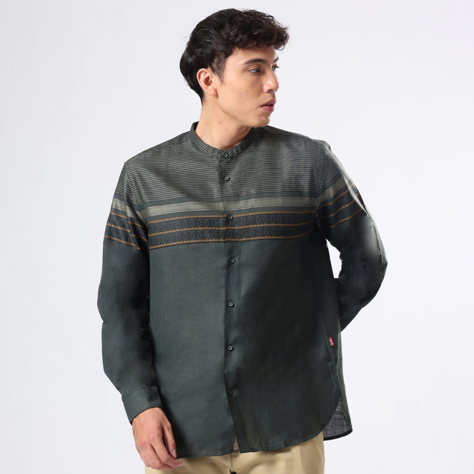 KODE E99U EDWIN JEANS  AZKHA ARMY GREEN Kemeja Koko Lengan Panjang Pria Baju Muslim