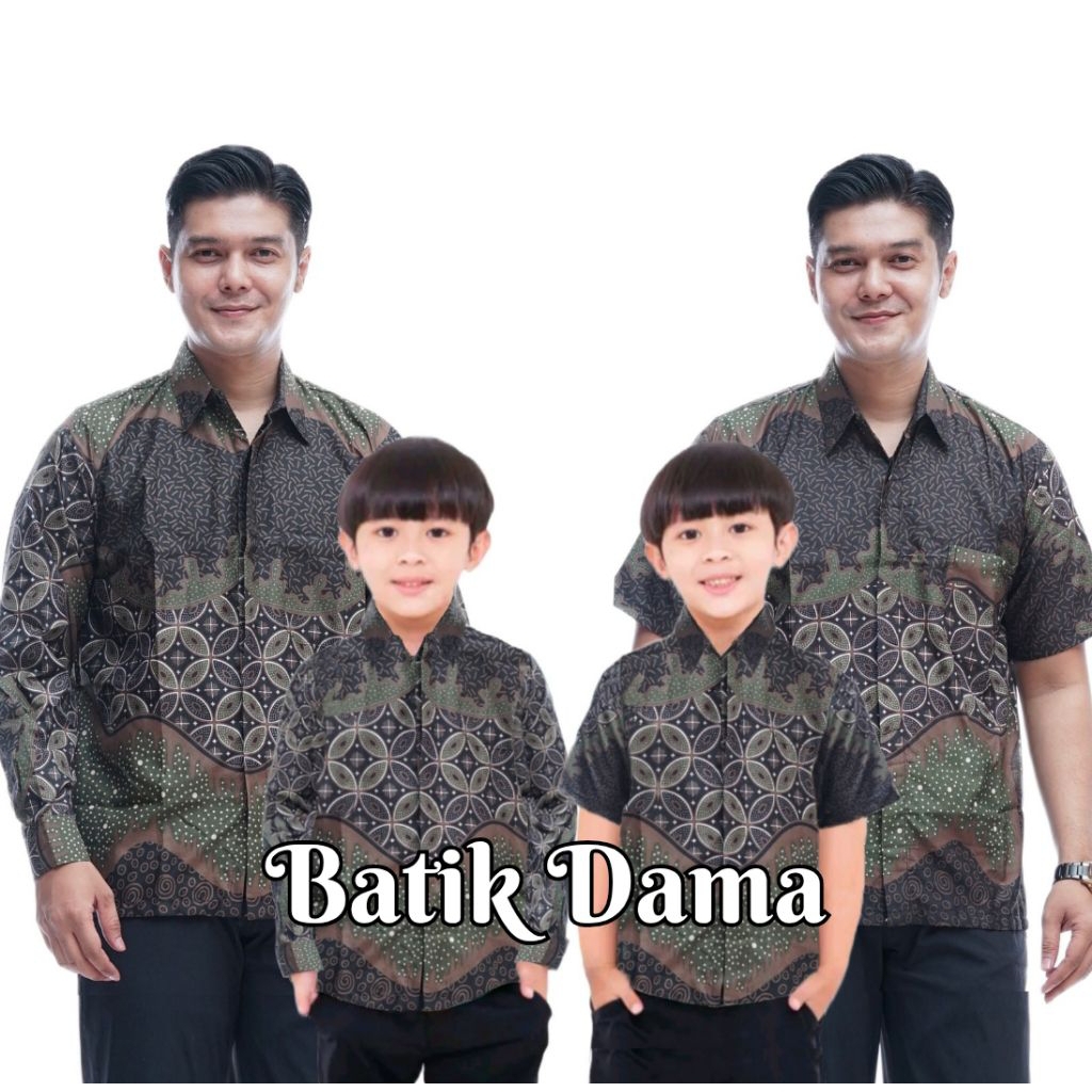 Terbaru Batik Couple Ayah Dan Anak Laki Laki Warna Hijau Army Motif Kawung Hijau