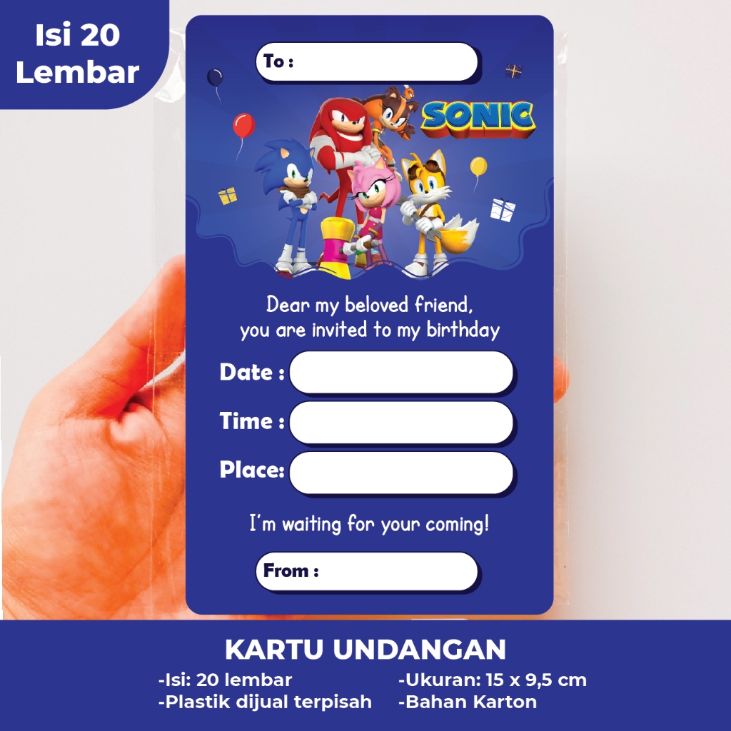 UNDANGAN SONIC UNDANGAN ULTAH INVITATION CARD PLASTIK SNACK GOODIE BAG TAS DEKORASI ULTAH SONIC DEKO